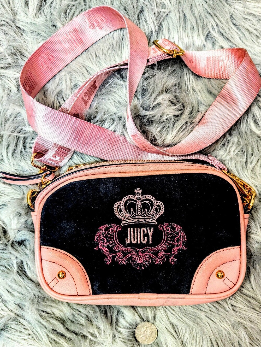 Juicy Couture Black Velvet Crossbody with Pink Trim